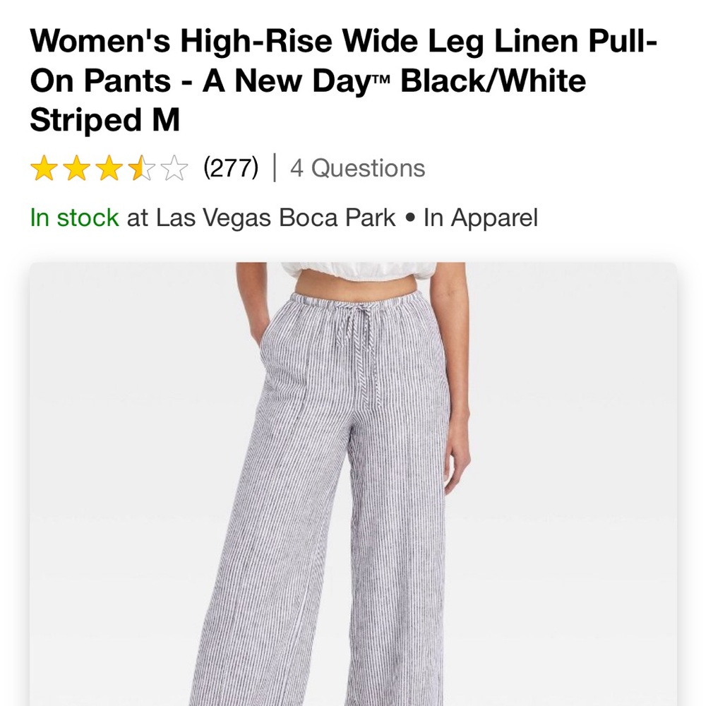 A New Day Women’s Wide Leg Linen Pants. Black/White Stripe.
